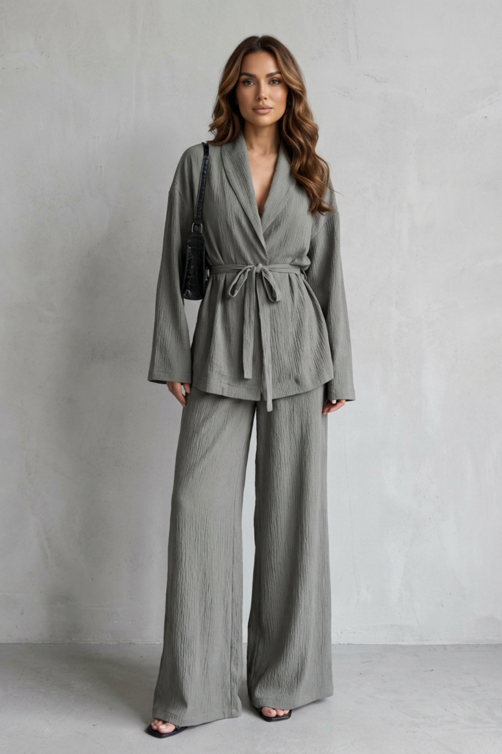V Neck Long Sleeve Elegant Wide-Leg Pants Ensemble
