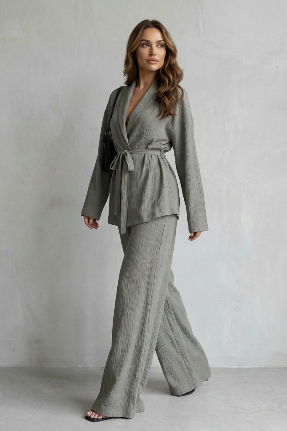 V Neck Long Sleeve Elegant Wide-Leg Pants Ensemble