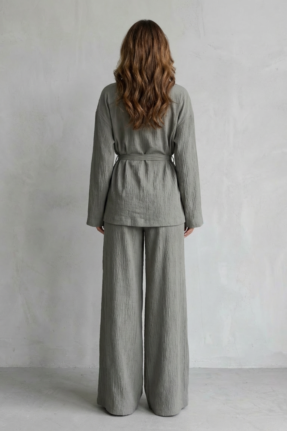 V Neck Long Sleeve Elegant Wide-Leg Pants Ensemble