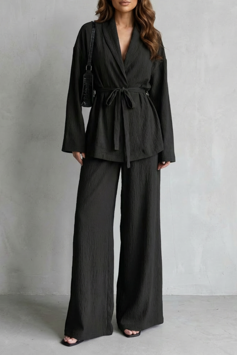 V Neck Long Sleeve Elegant Wide-Leg Pants Ensemble