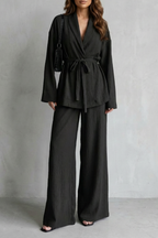 V Neck Long Sleeve Elegant Wide-Leg Pants Ensemble