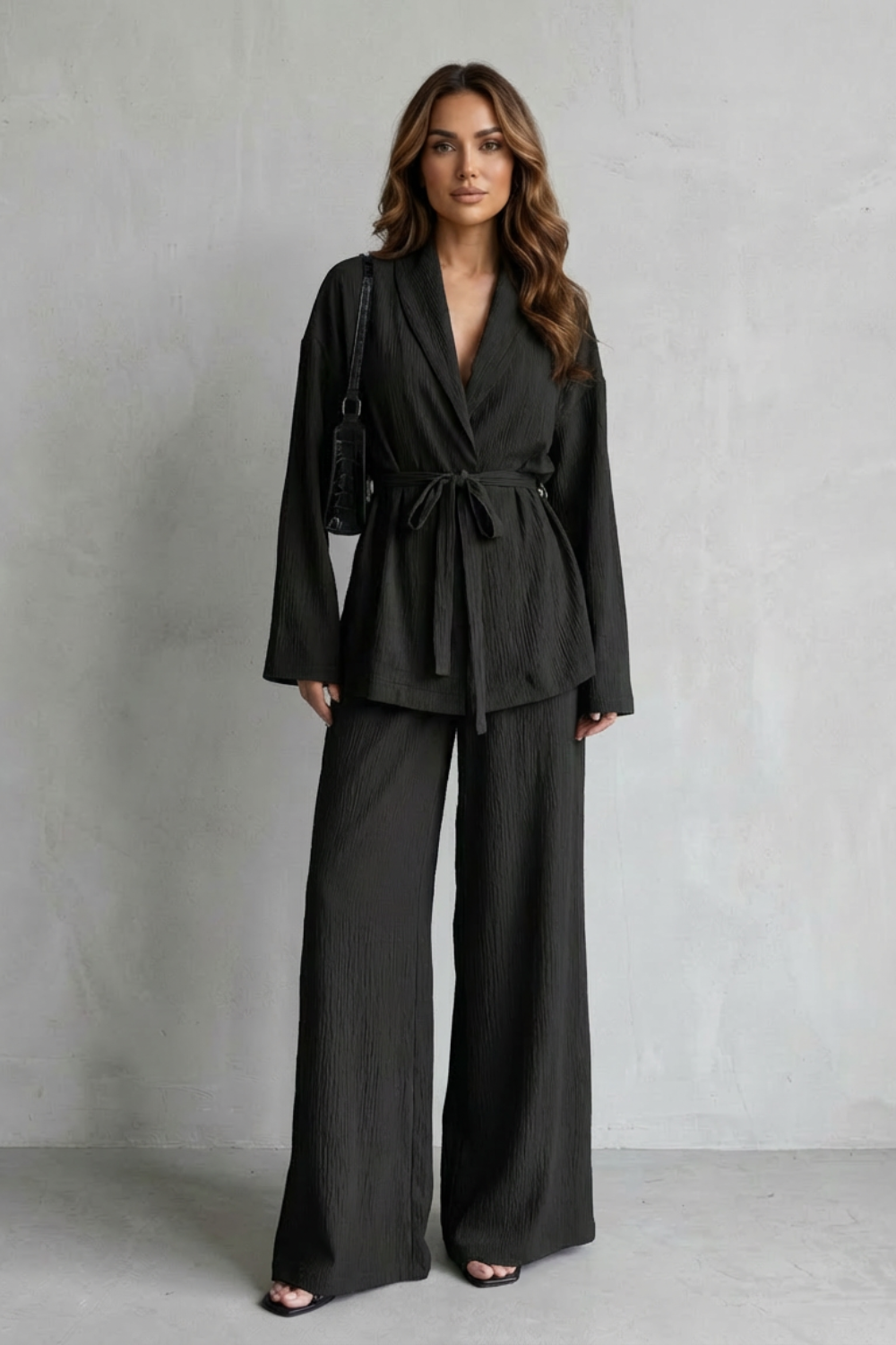 V Neck Long Sleeve Elegant Wide-Leg Pants Ensemble
