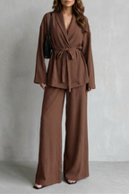 V Neck Long Sleeve Elegant Wide-Leg Pants Ensemble