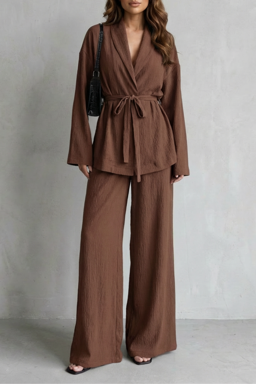 V Neck Long Sleeve Elegant Wide-Leg Pants Ensemble