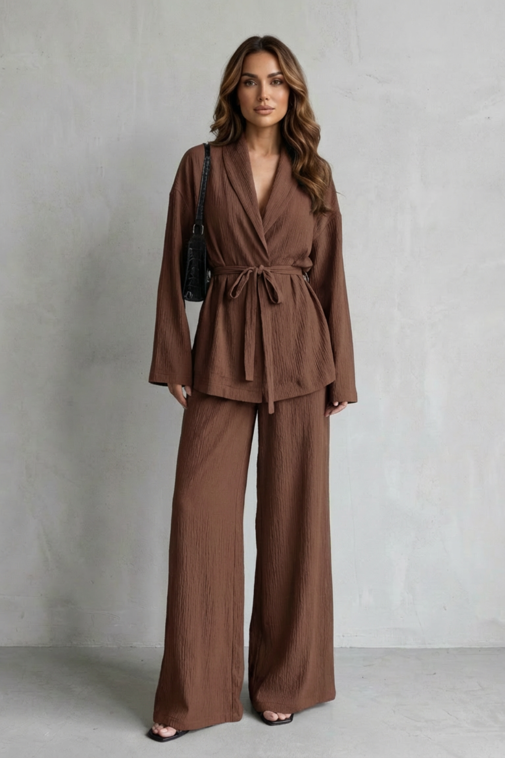 V Neck Long Sleeve Elegant Wide-Leg Pants Ensemble