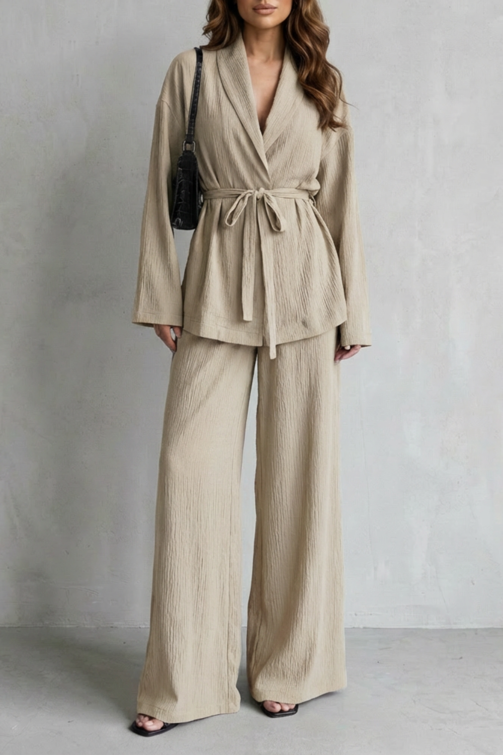 V Neck Long Sleeve Elegant Wide-Leg Pants Ensemble