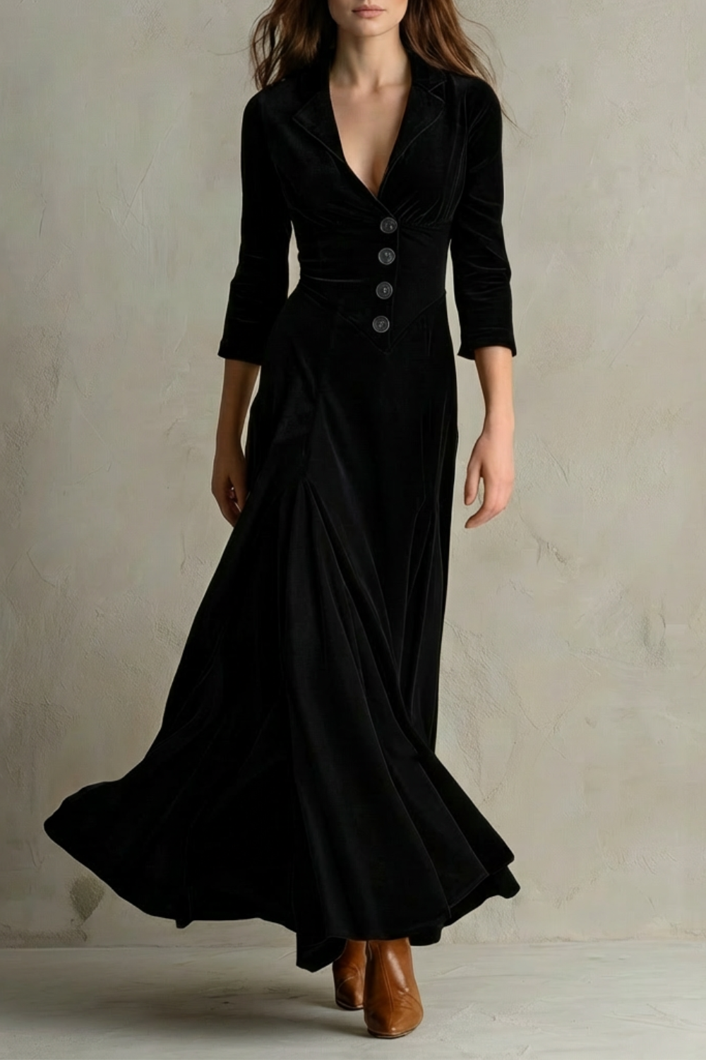 Tailored Velvet Elegant Buttoned Swing Skirt With Lapel Detail
