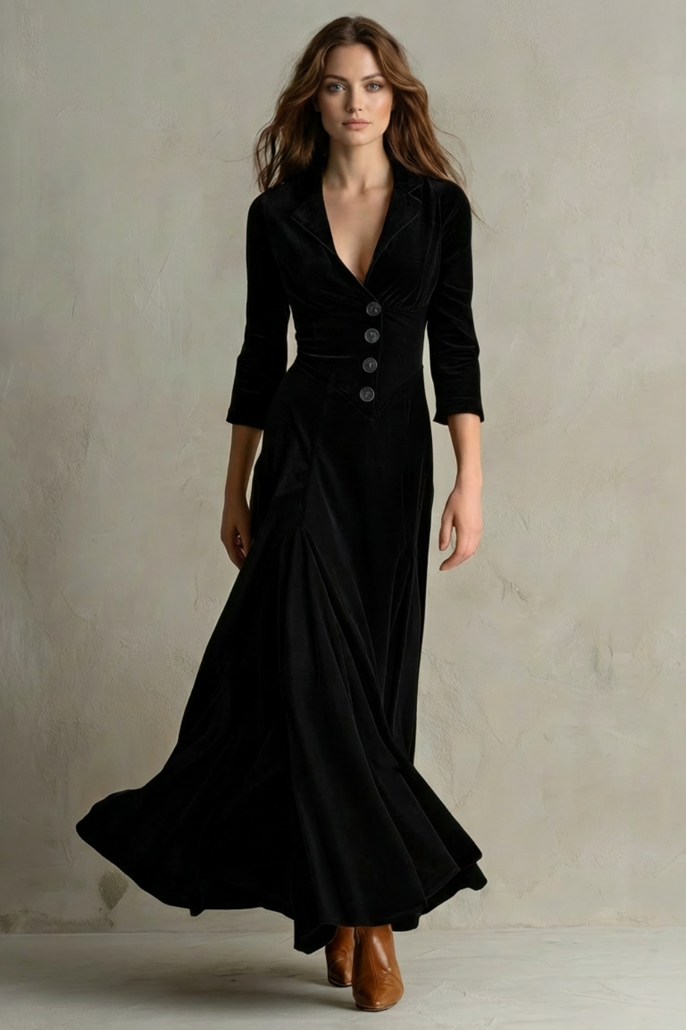 Tailored Velvet Elegant Buttoned Swing Skirt With Lapel Detail