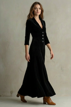 Tailored Velvet Elegant Buttoned Swing Skirt With Lapel Detail