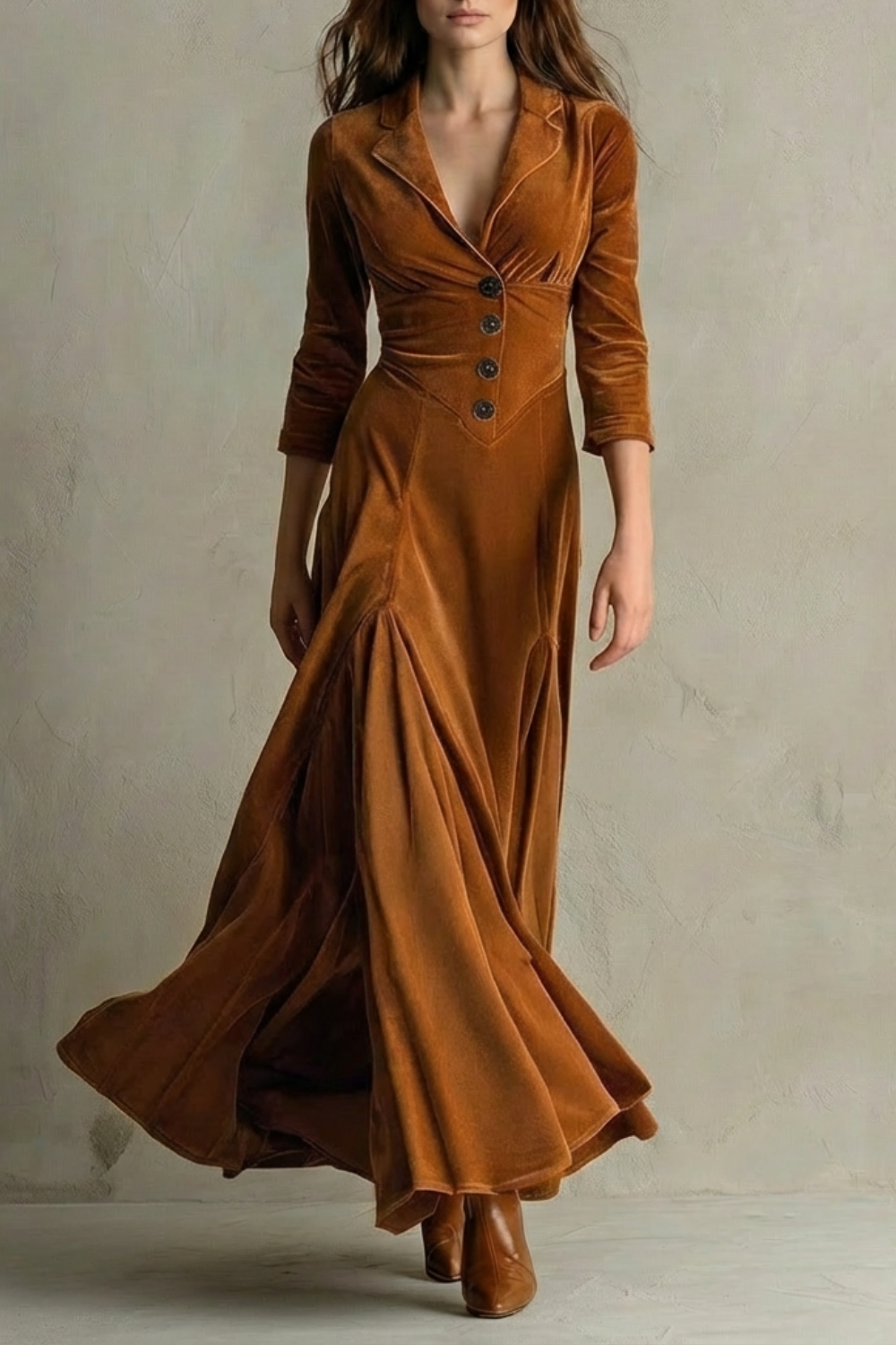 Tailored Velvet Elegant Buttoned Swing Skirt With Lapel Detail