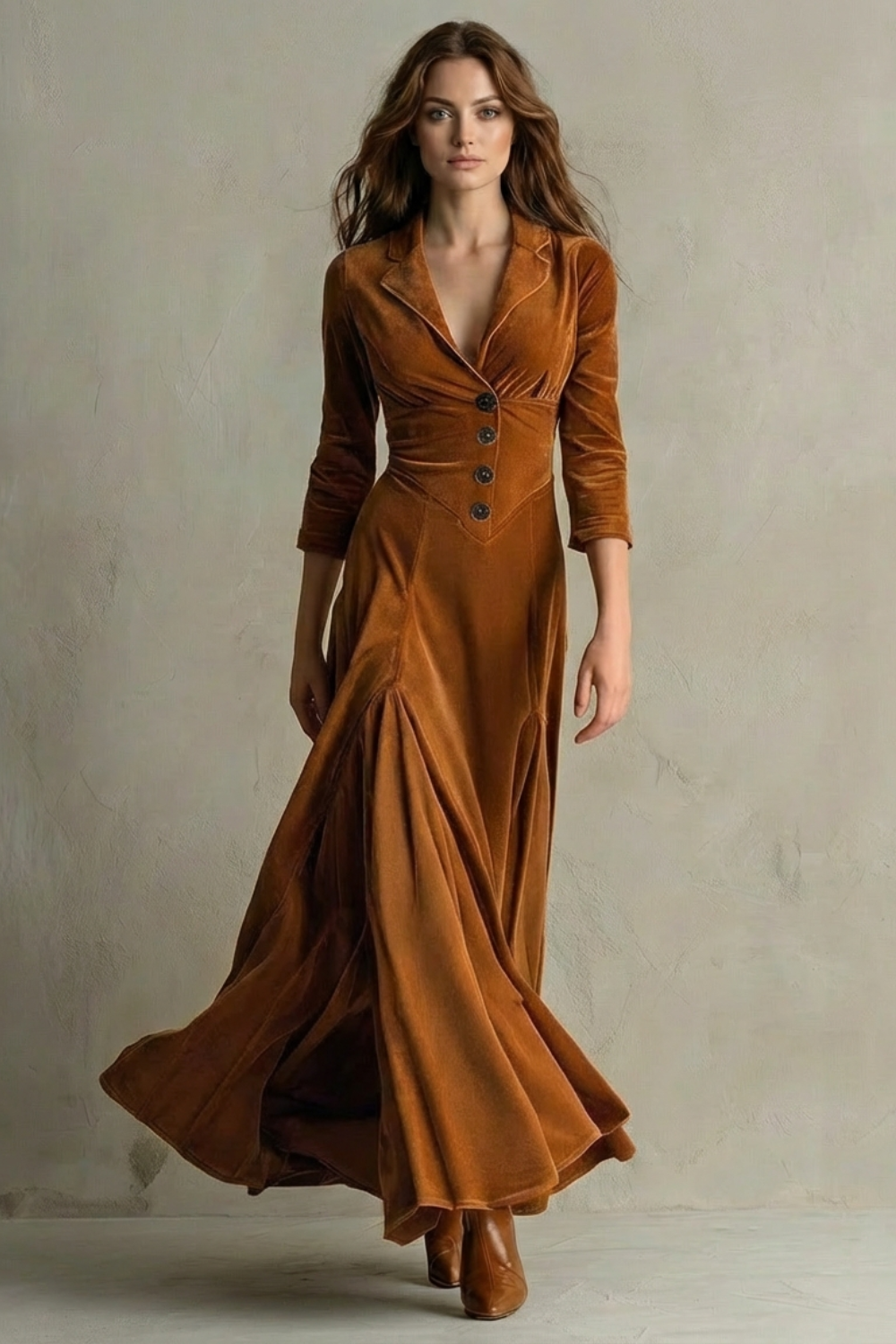 Tailored Velvet Elegant Buttoned Swing Skirt With Lapel Detail