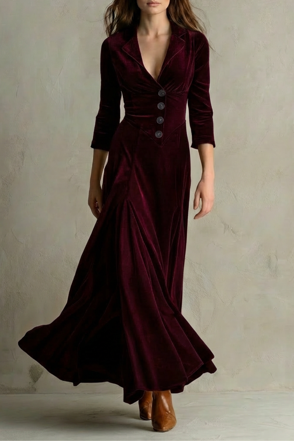 Tailored Velvet Elegant Buttoned Swing Skirt With Lapel Detail