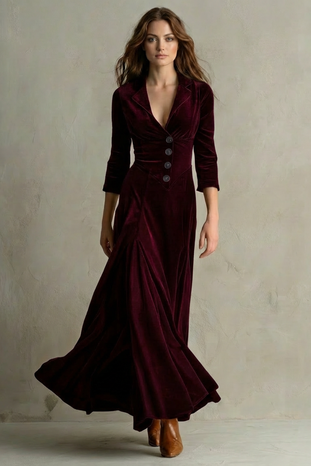 Tailored Velvet Elegant Buttoned Swing Skirt With Lapel Detail
