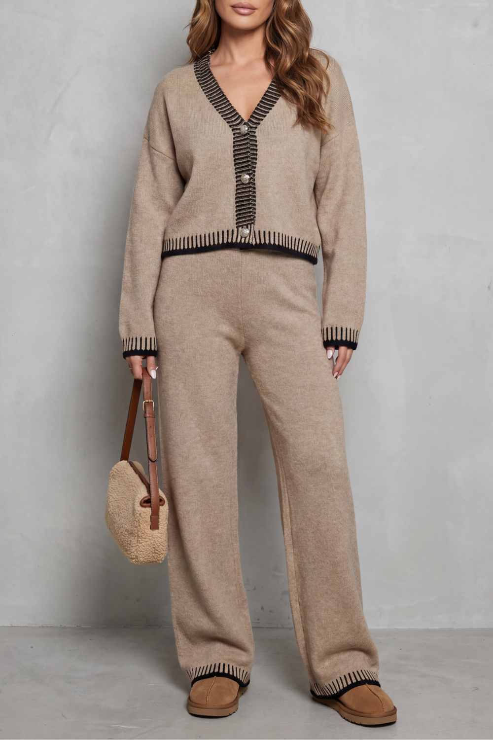 V Neck Wide-Leg Knit Loungewear Set