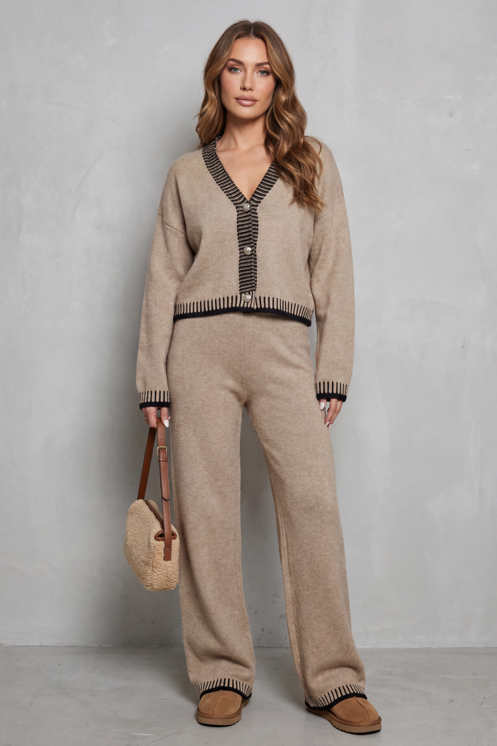 V Neck Wide-Leg Knit Loungewear Set