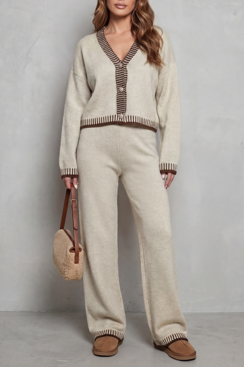 V Neck Wide-Leg Knit Loungewear Set