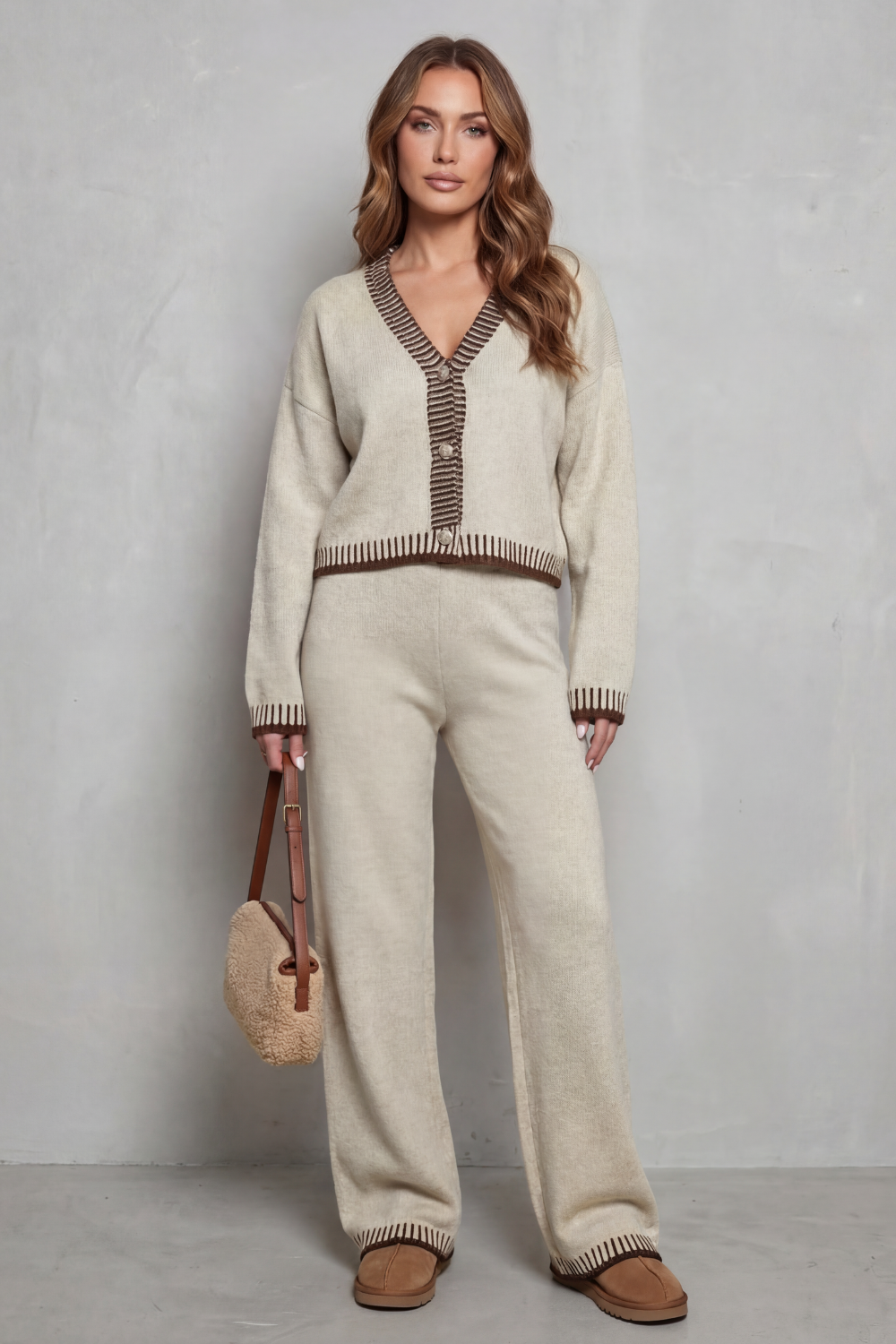 V Neck Wide-Leg Knit Loungewear Set