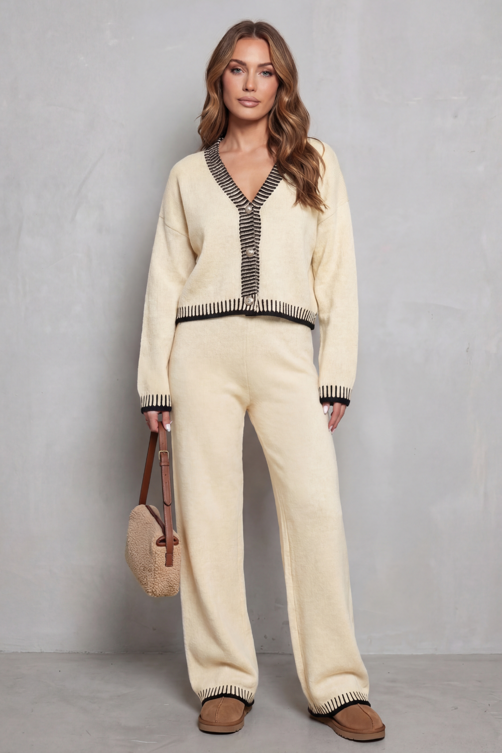 V Neck Wide-Leg Knit Loungewear Set