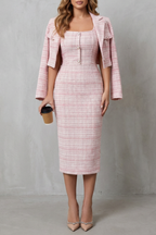 Elegant Plaid Square Neck Two-Piece Midi Dress Set