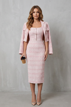 Elegant Plaid Square Neck Two-Piece Midi Dress Set