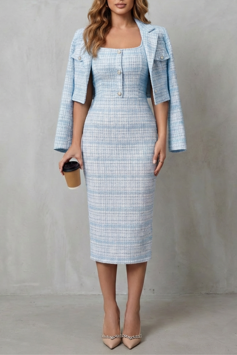 Elegant Plaid Square Neck Two-Piece Midi Dress Set