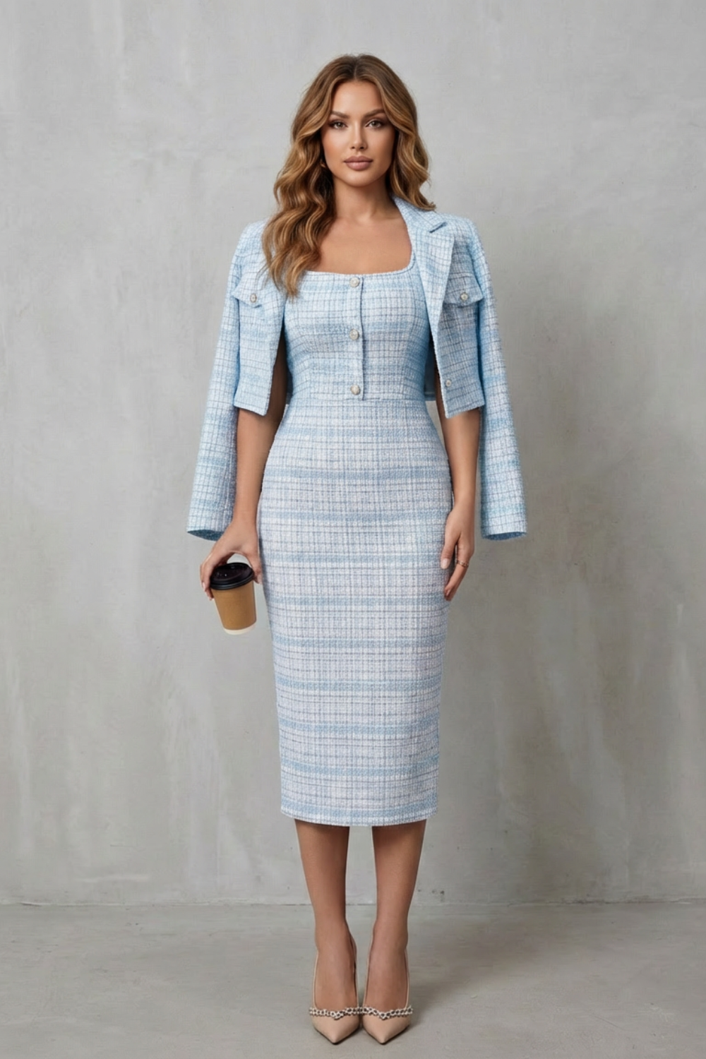Elegant Plaid Square Neck Two-Piece Midi Dress Set