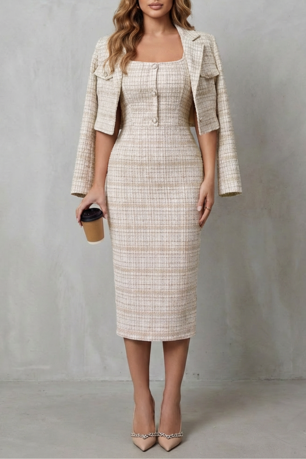 Elegant Plaid Square Neck Two-Piece Midi Dress Set