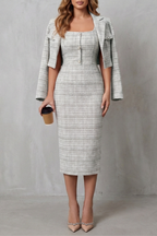 Elegant Plaid Square Neck Two-Piece Midi Dress Set