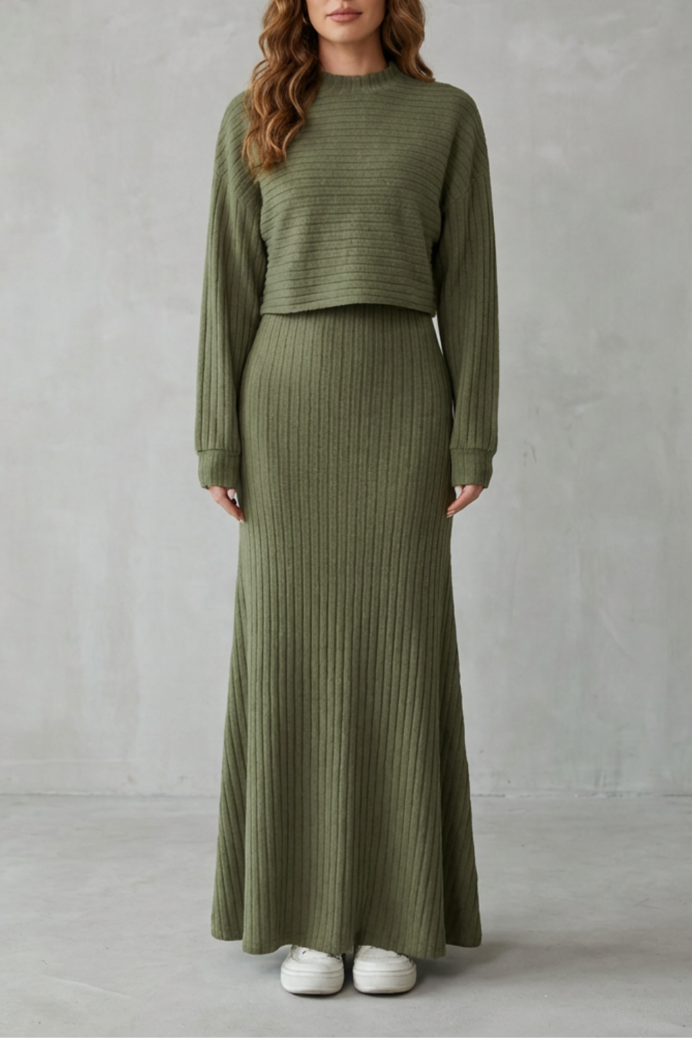 Batwing Sleeve Knit Maxi Dress & Cropped Pullover