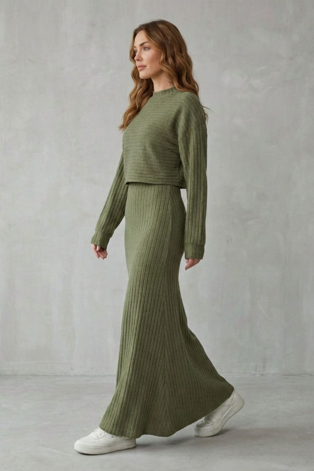 Batwing Sleeve Knit Maxi Dress & Cropped Pullover