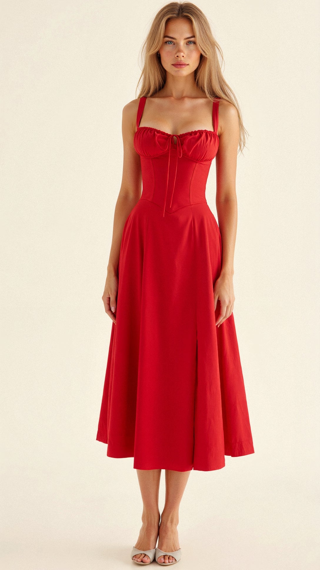 Floral Midi Dress Corset Bodice Thin Straps
