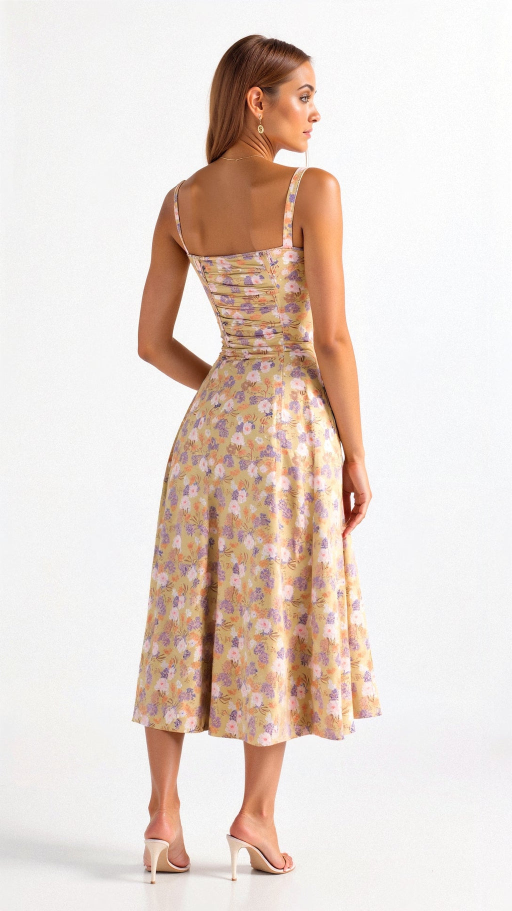 Floral Midi Dress Corset Bodice Thin Straps