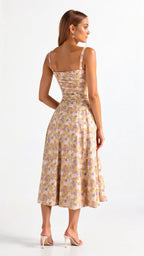 Floral Midi Dress Corset Bodice Thin Straps