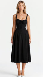 Floral Midi Dress Corset Bodice Thin Straps