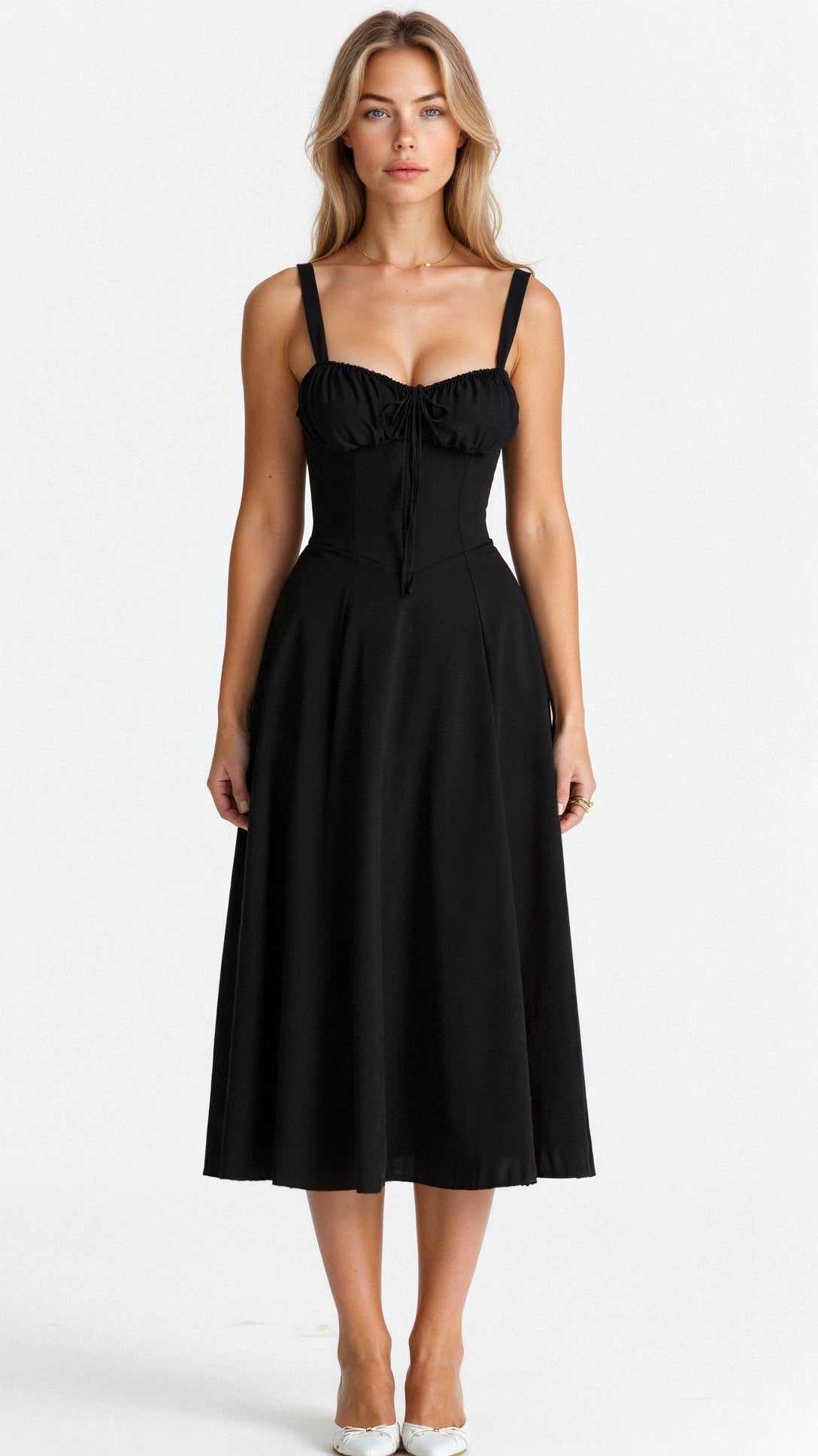Floral Midi Dress Corset Bodice Thin Straps