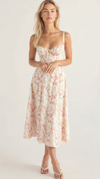 Floral Midi Dress Corset Bodice Thin Straps