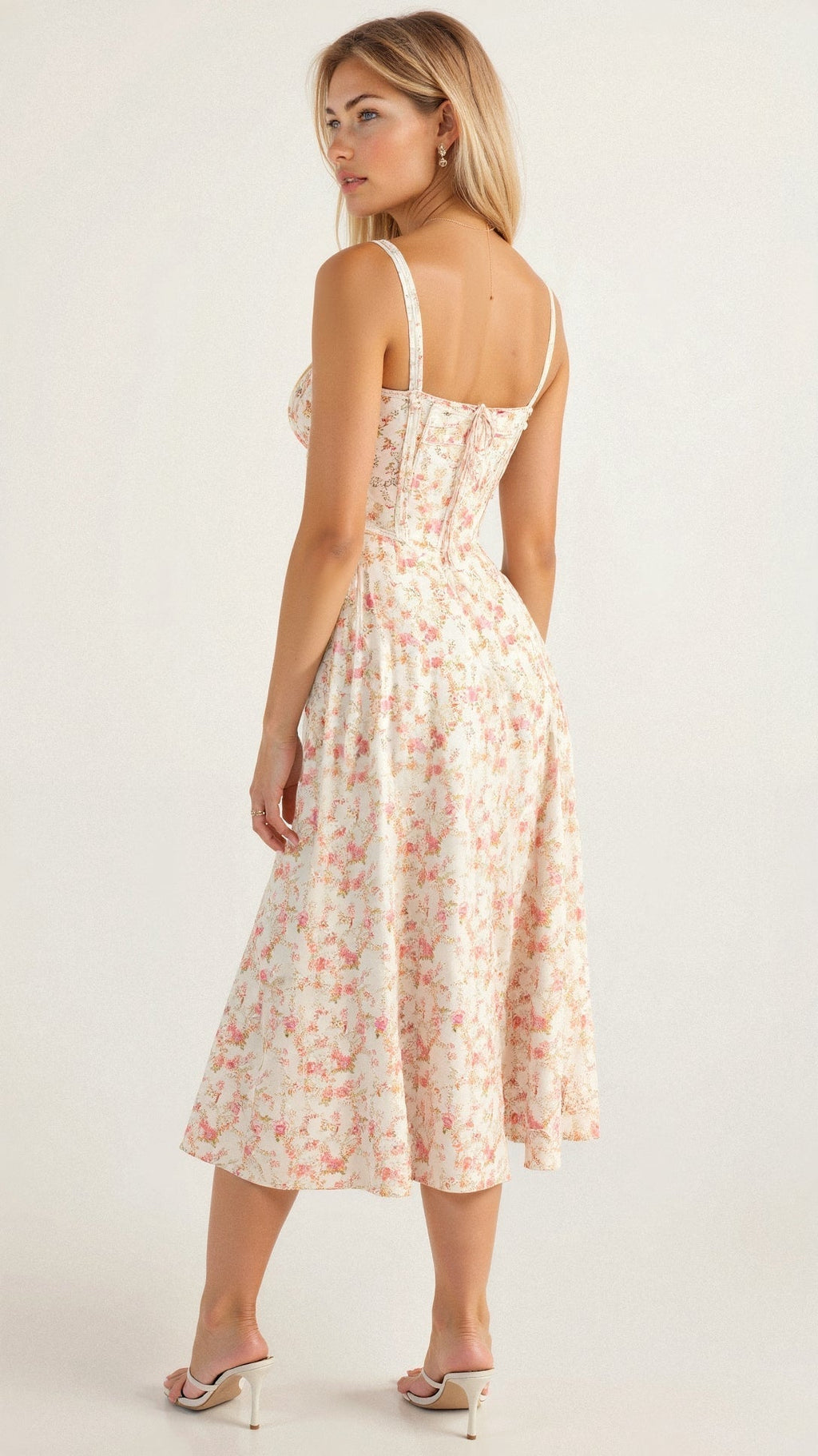 Floral Midi Dress Corset Bodice Thin Straps
