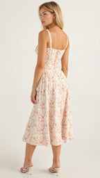 Floral Midi Dress Corset Bodice Thin Straps