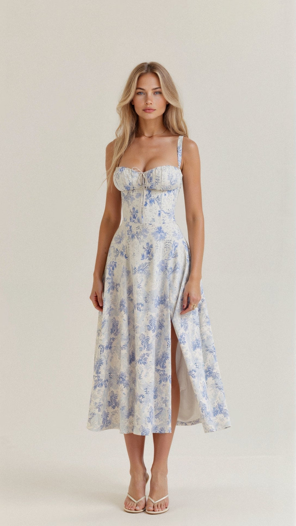 Floral Midi Dress Corset Bodice Thin Straps