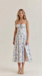 Floral Midi Dress Corset Bodice Thin Straps