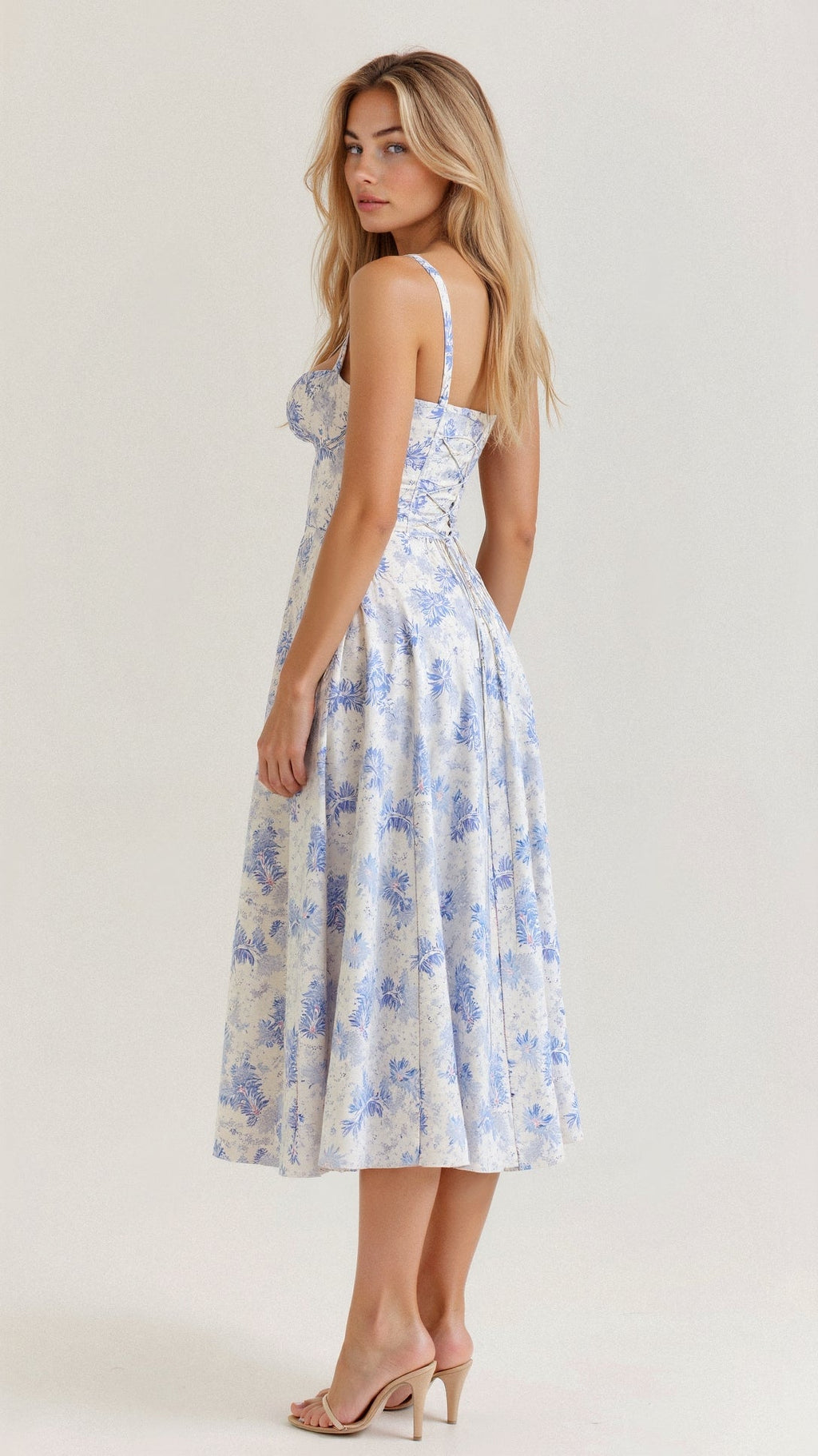 Floral Midi Dress Corset Bodice Thin Straps