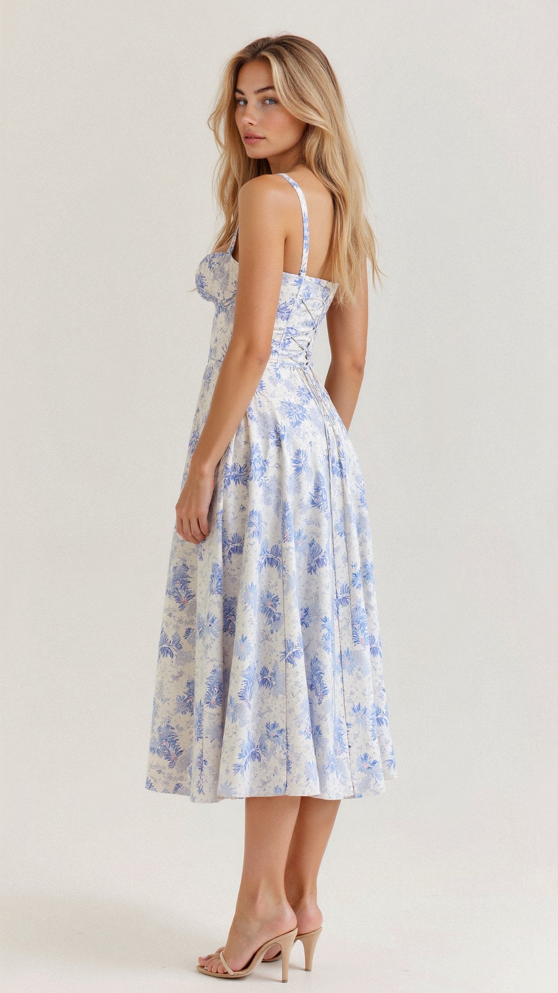 Floral Midi Dress Corset Bodice Thin Straps