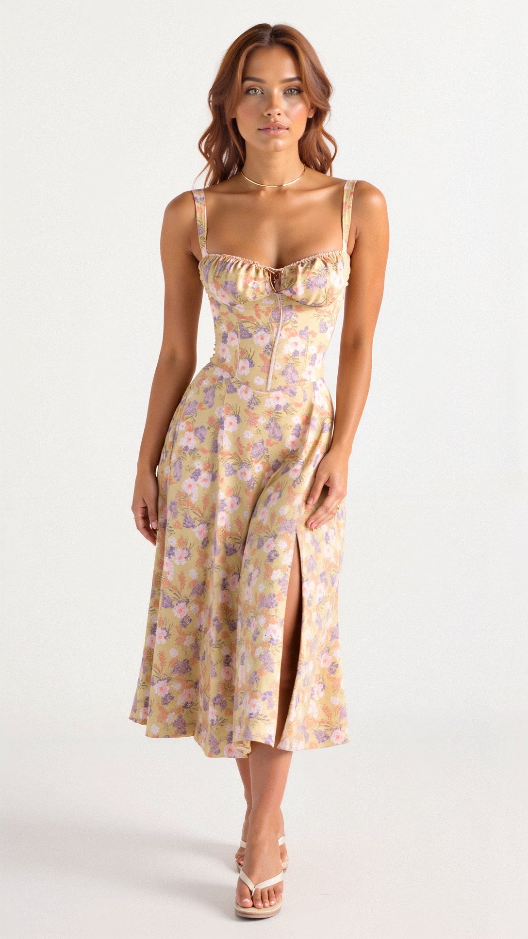 Floral Midi Dress Corset Bodice Thin Straps