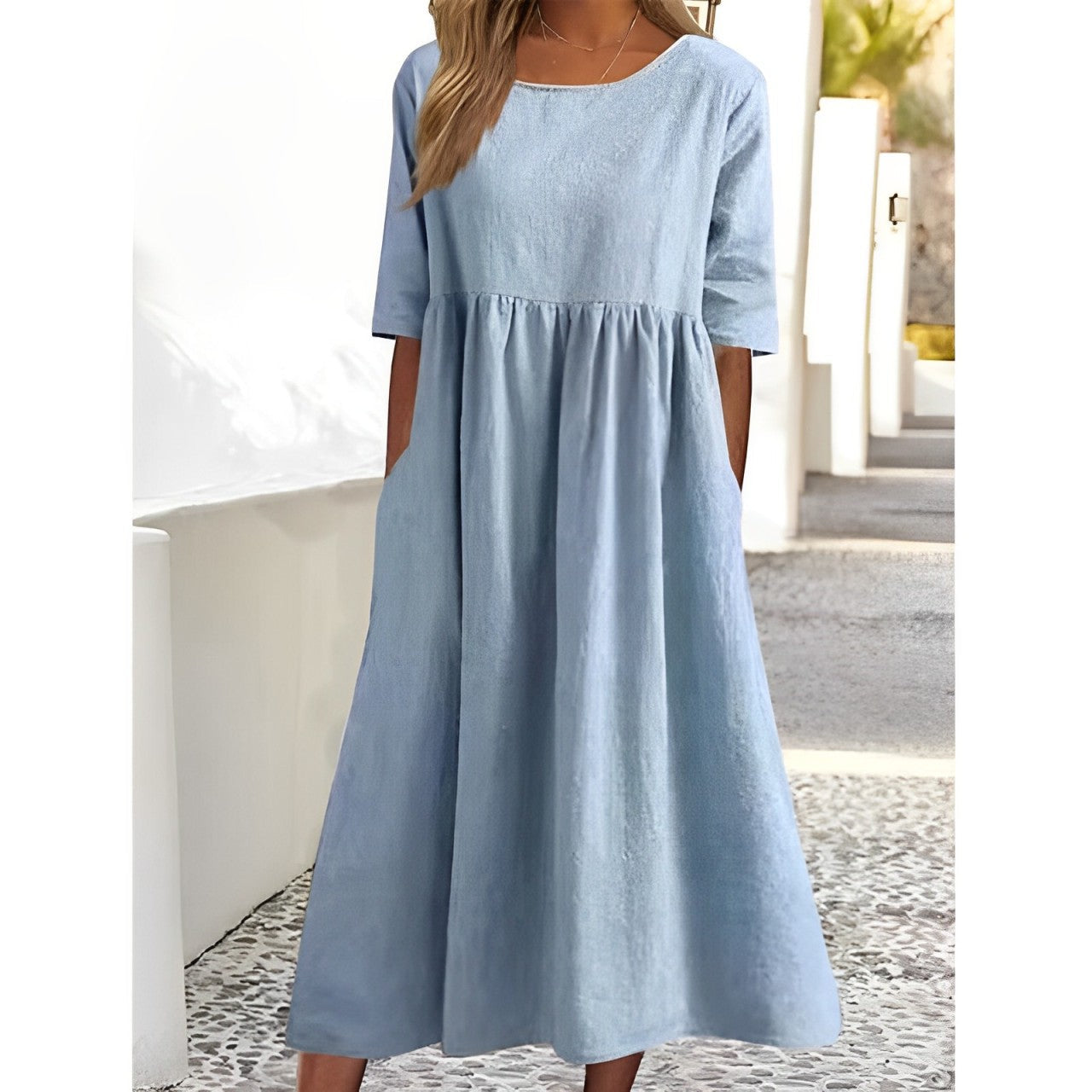 Cotton Linen Midi Dress Breathable Casual Summer