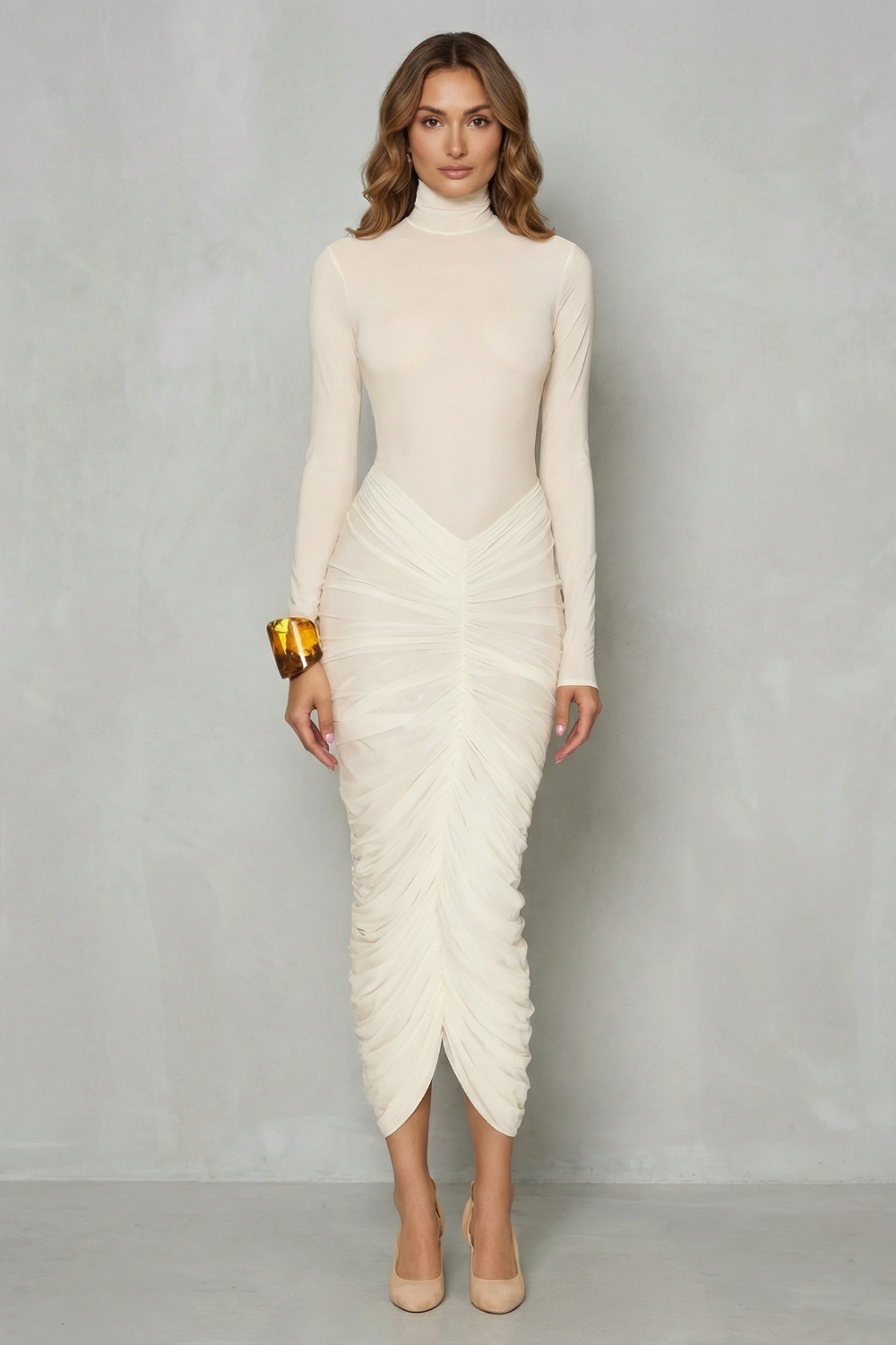 Women’s High Neck Ruched Midi Dress