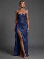 Bodycon Maxi Dress Satin Ruched Split Strappy