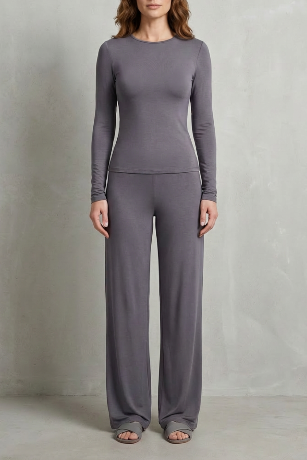 Long Sleeve Pure Color Wide-Leg Pants Suit