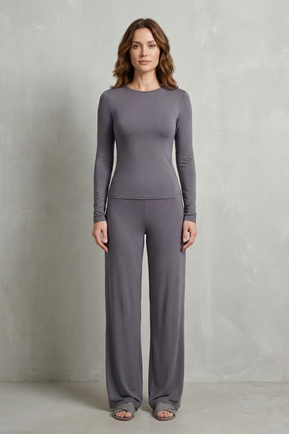 Long Sleeve Pure Color Wide-Leg Pants Suit