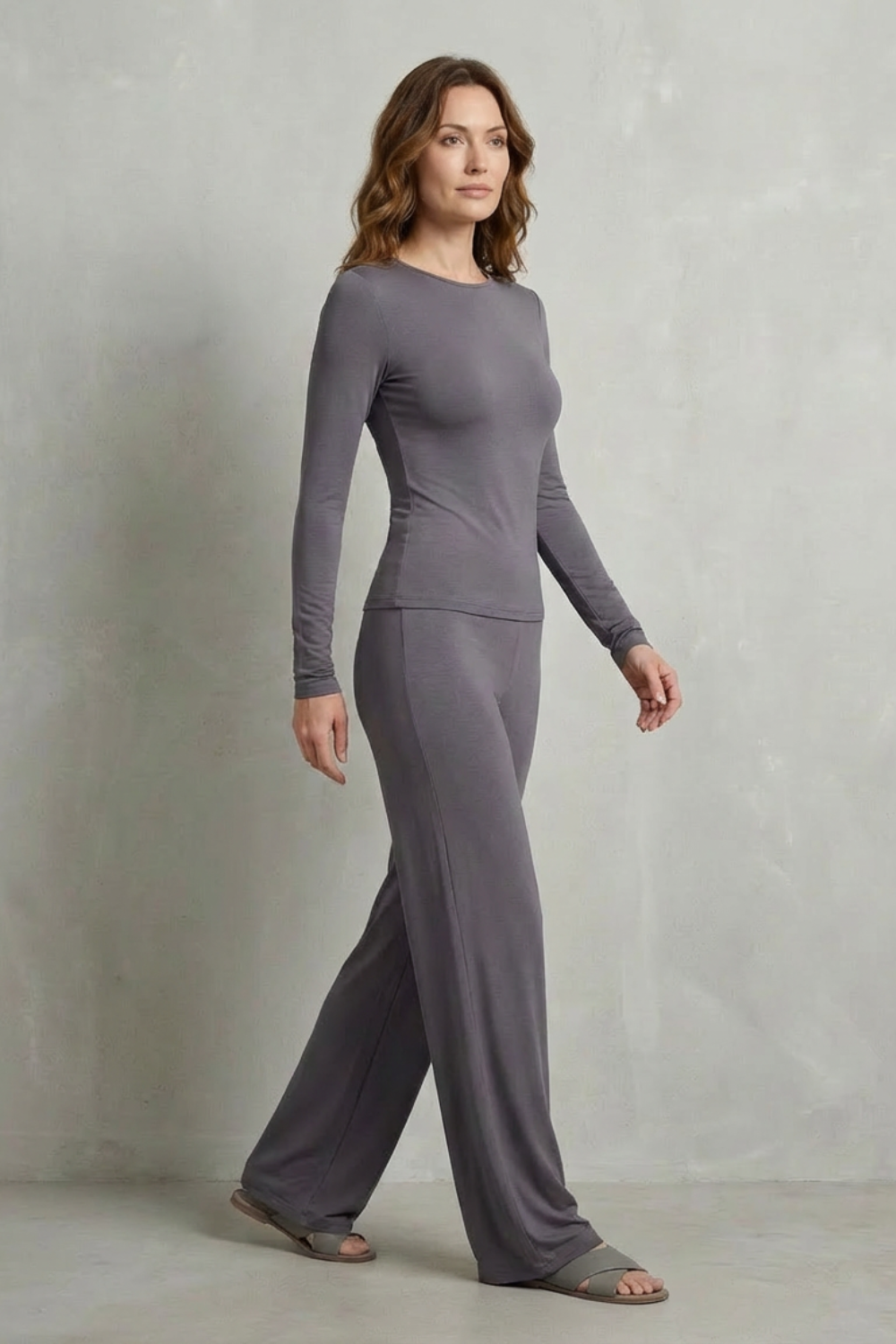 Long Sleeve Pure Color Wide-Leg Pants Suit