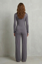 Long Sleeve Pure Color Wide-Leg Pants Suit